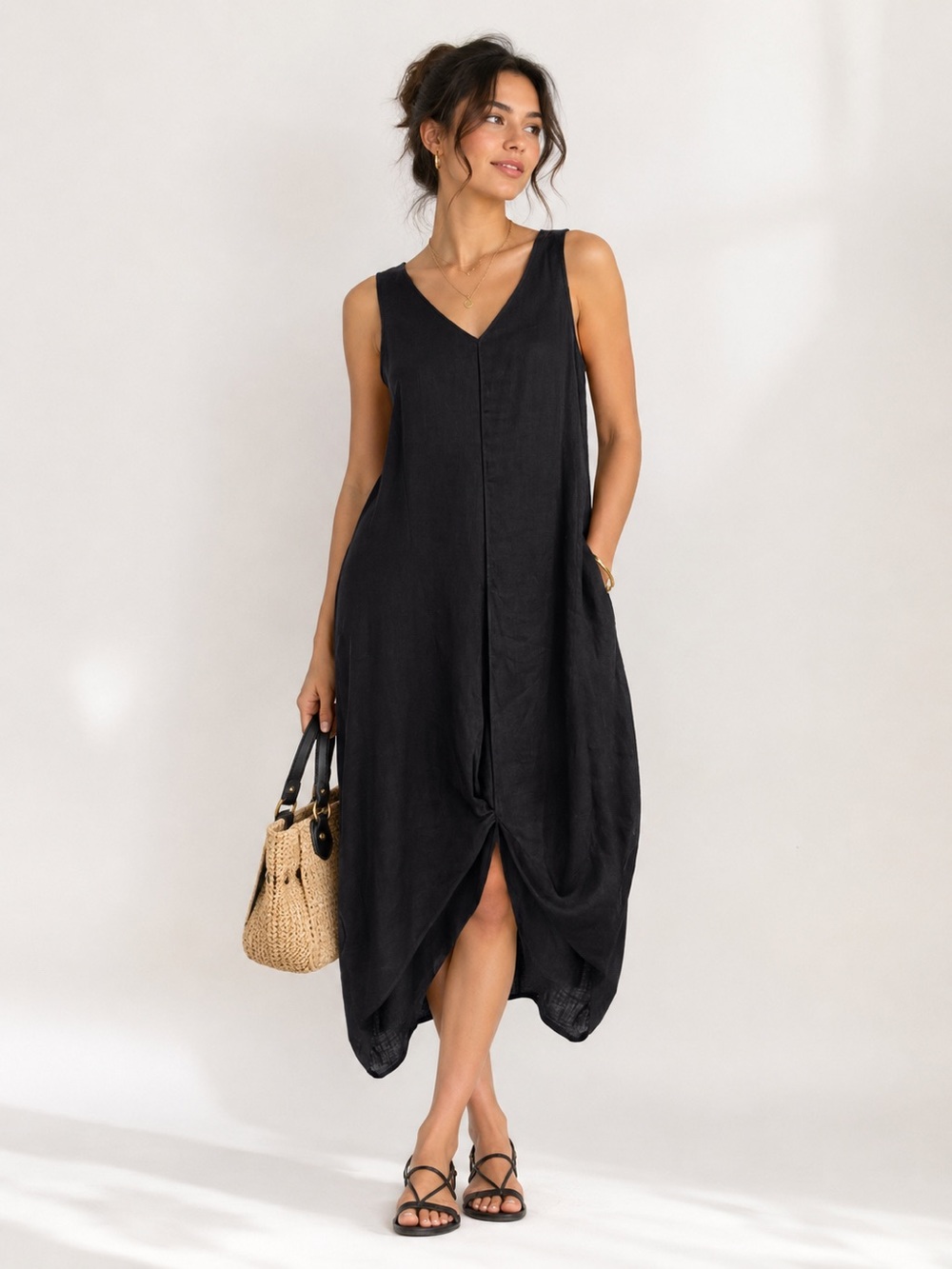 Stella Carakasi Black Hemp Sleeveless V-Neck Asymmetrical Hem Midi Dress Sz. M
